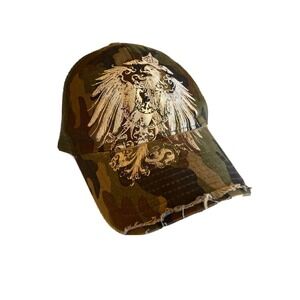 Camo Mesh Trucker Hat With Distressed Brim & Embroidered Eagle Design Adjustable